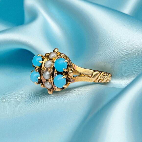 ANTIQUE- 10K Gold Turquoise & Seed Pearl Ring -Sz 6.75- Victorian Western 2.1g - Picture 7 of 16